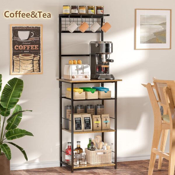 5 Tier Coffee Bar Station, Kitchen Stand with 4 S-Shaped Hooks, Farmhouse Corner Coffee Bar Cabinet for Small Spaces, Bakers Rack for Kitchen, Entryway, Living Room, 13.43"D x 18.93"W x 53.31"H 3