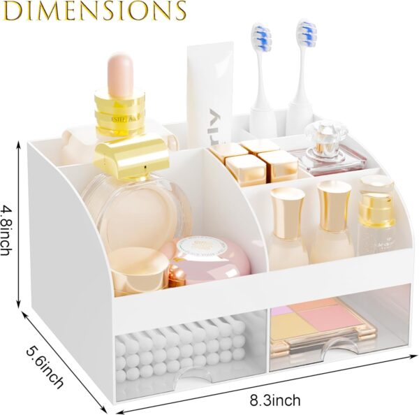 Makeup Organizer with 2 Drawers, Cosmetic Storage for Dresser Vanity and Bathroom Countertop,Make up organization and Skincare Storage with Beauty Brush Holder, Cosmetic Display Case (White) 3
