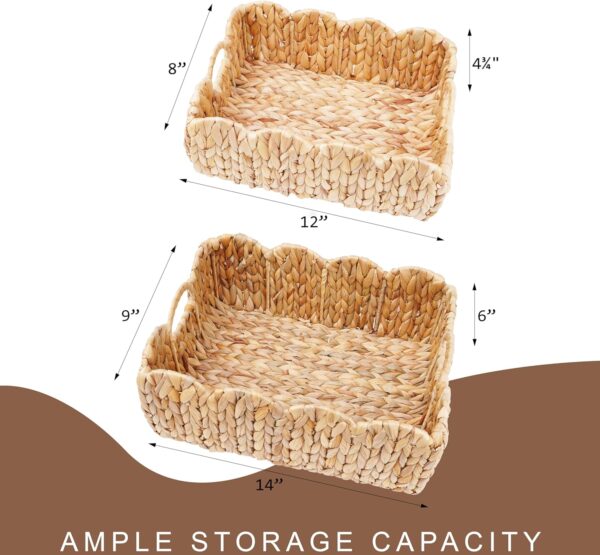 Set of 2 Scalloped Edge Wicker Storage Basket with Built-in Handles, Rectangle Water Hyacinth Basket for Organizing, Decorative Woven Rattan Basket for Shelf, Nursery Room 3