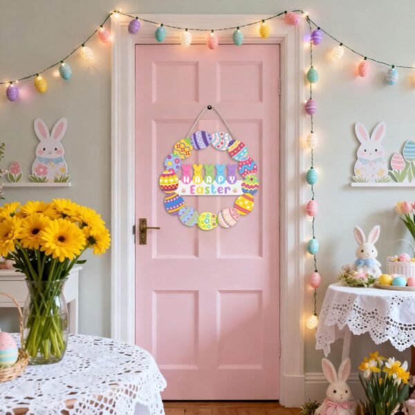 Easter Decorations Door Sign Happy Easter Bunny Eggs Wood Wreath for Front Door Wall Hanging Decor Home Spring Window Porch Mantel Farmhouse Indoor Party 3