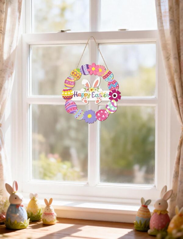 Wooden Easter Wreath for Front Door - Handmade Hollow Bunny Sign with Flowers and Eggs, Spring Wall Hanging Decor for Indoor Outdoor Home, Farmhouse Party Supplies & Easter Gifts 3