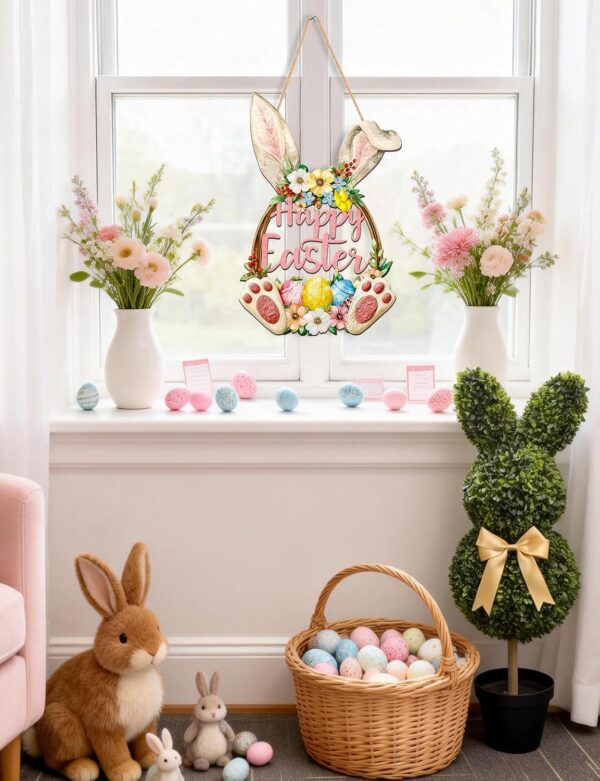 Wooden Easter Door Wreath - Hollow Bunny Sign with Flower Egg Wall Decor for Front Door, Spring Welcome Hanging Outdoor Indoor Home Party Supplies 4