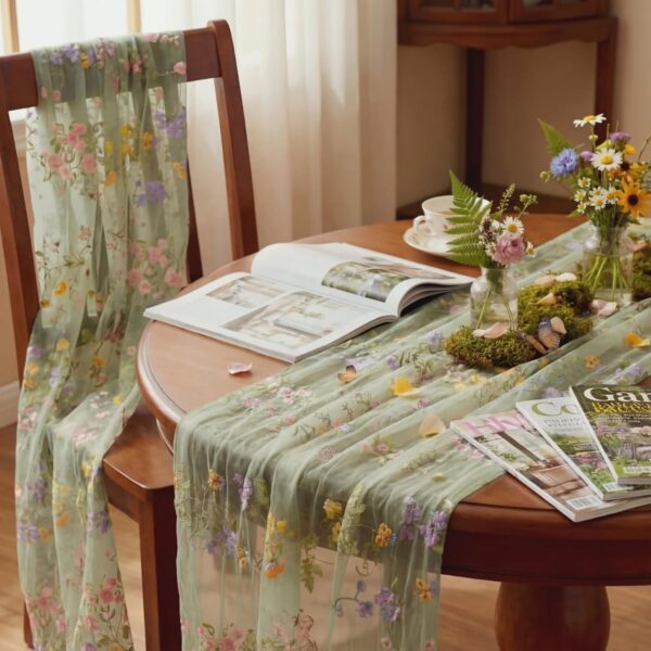 Sage Green Floral Table Runner 10ft Embroidery Tulle Spring Wildflower Table Runner Seasonal Summer Butterfly Kitchen Dining Gauze Decoration for Wedding Baby Shower Birthday Party (1 Pcs) 4