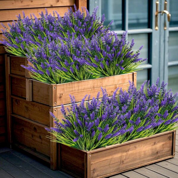12 Bundles Artificial Plants Outdoor, UV Resistant Lavender Flowers Artificial Plastic Fake Lavender with Monkey Grass for Garden Porch Patio Yard Window Box Planter Decor(Grass with Purple Flowers) 4