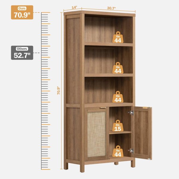 Bookcase 71" Tall Bookshelf 5 Tier Rattan Boho Bookcase with Doors Storage Large Book Case Shelf Farmhouse Bookshelves Library Book Shelves for Living Room Bedroom Home Office Kitchen 4
