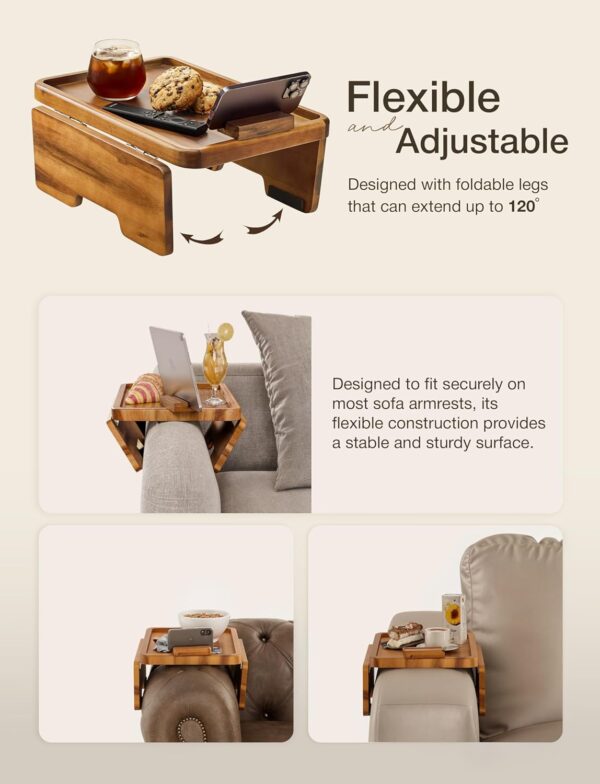 15.75" Acacia Couch Armrest Table with 360° Rotating Phone Holder, Wooden Couch Tray – Sofa Side Table, Armchair Caddy for Home Sofa Living Room (Acacia) 4