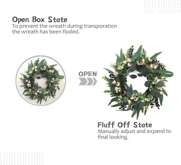 All Season Front Door Wreath 20 Inch - Summer Wreaths for Front Door Outside, Winter Wreath Olive Eucalyptus Leaves with Mixed White Berries for Farmhouse Home Porch Wall Window Wedding Holiday Decor 4