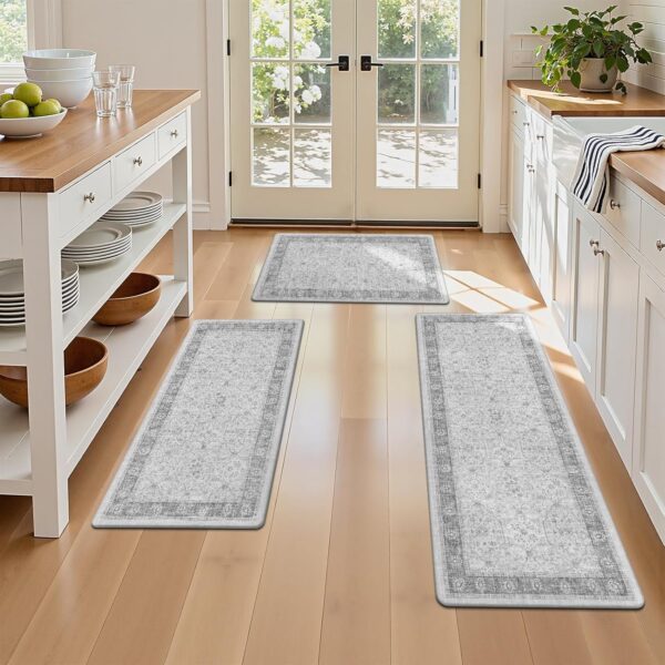 Anti Fatigue Kitchen Floor Mats Set of 3, PVC Foam Padded Kitchen Rugs, Non Slip Cushioned Comfort Standing Mat, Waterproof Sink Rug for Small Kitchen Area, Laundry Room, Light Grey 4