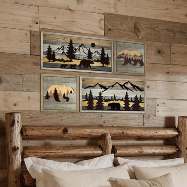 4 Pcs Bear Wall Art Rustic 3D Cabin Wall Decor Decorative Forest Mountain Woodland Bear Pictures Farmhouse Decor Country House Animal Wildlife Pictures Hunting Art for Home 4