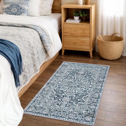 Entryway Rugs Indoor Non-Slip Washable Small Area Rug 2x3 Blue Entrance Carpet Soft Printed Vintage Floral Distressed Tribal Farmhouse Low-Pile Door Mat for Bedroom Kitchen