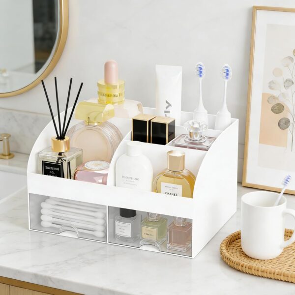Makeup Organizer with 2 Drawers, Cosmetic Storage for Dresser Vanity and Bathroom Countertop,Make up organization and Skincare Storage with Beauty Brush Holder, Cosmetic Display Case (White) 4
