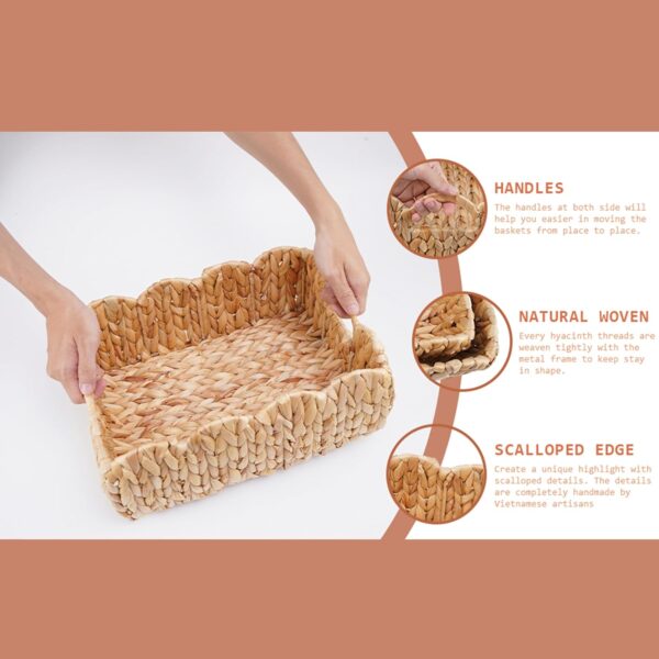 Set of 2 Scalloped Edge Wicker Storage Basket with Built-in Handles, Rectangle Water Hyacinth Basket for Organizing, Decorative Woven Rattan Basket for Shelf, Nursery Room 4