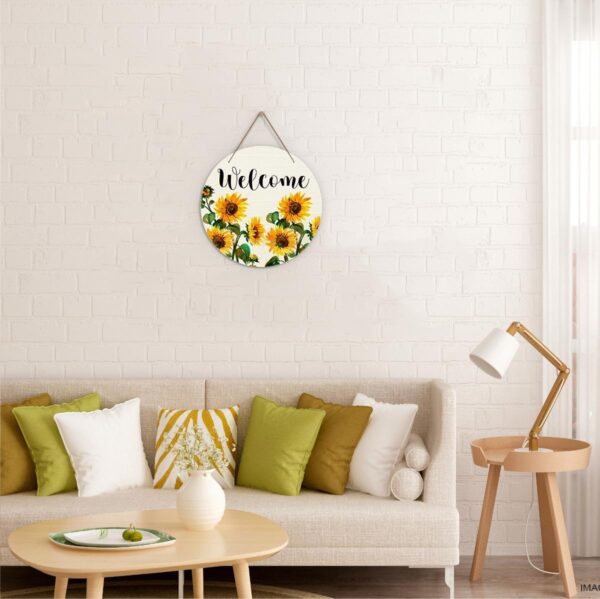 Welcome Sign for Front Door, Sunflower Welcome Door Sign Decoration, Welcome Round Decorative Wall Sign, Rustic Wooden Hanging Sign for Farmhouse Home Porch Living Room -07 4