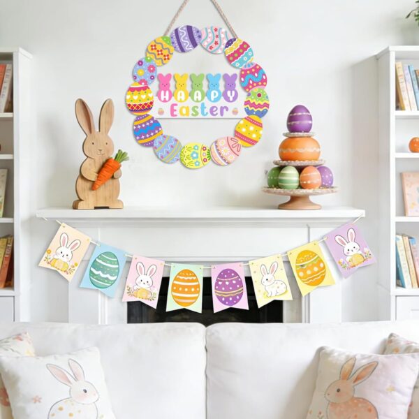 Easter Decorations Door Sign Happy Easter Bunny Eggs Wood Wreath for Front Door Wall Hanging Decor Home Spring Window Porch Mantel Farmhouse Indoor Party 4