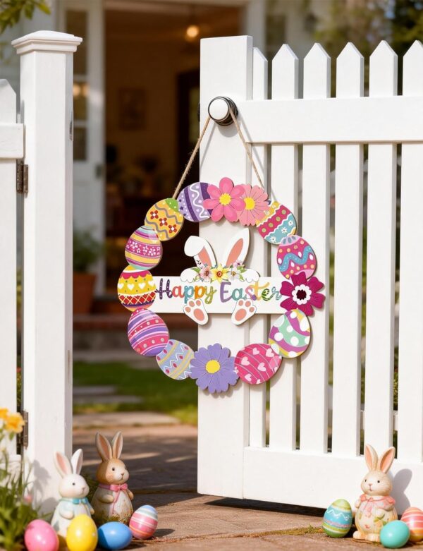 Wooden Easter Wreath for Front Door - Handmade Hollow Bunny Sign with Flowers and Eggs, Spring Wall Hanging Decor for Indoor Outdoor Home, Farmhouse Party Supplies & Easter Gifts 4