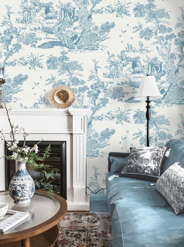 16In×197In White and Blue Peel and Stick Wallpaper for Bedroom Removable Self-Adhesive Wall Paper Vintage Toile Contact Paper for Cabinets Shelf Drawer Country Wallpaper Walls Covering 4