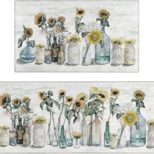 Sunflower Farmhouse Kitchen Rugs Set of 2,Colorful Spring Summer Flowers Kitchen Rugs and Mats Non Skid Washable,Farmhouse Kitchen Runner Rugs with Rubber Backing (17"x48"+17"x30")