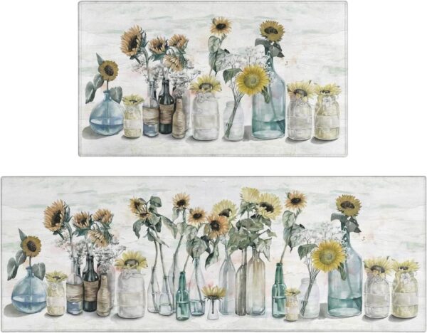 Sunflower Farmhouse Kitchen Rugs Set of 2,Colorful Spring Summer Flowers Kitchen Rugs and Mats Non Skid Washable,Farmhouse Kitchen Runner Rugs with Rubber Backing (17"x48"+17"x30") 1