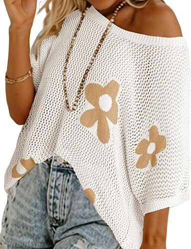 Womens Floral Fashion Summer Tops 2026 Short Sleeve Crochet Sweaters Swimsuit Cover Ups Lightweight Knit Pullover