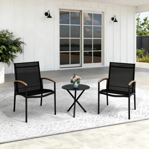 1 3-Piece Patio Bistro Set with Wood-Look Armrests, Sturdy Steel Outdoor Furniture with 2 Stationary Chairs & Metal Side Table for Small Balcony, Apartment Porch, and Backyard, Black