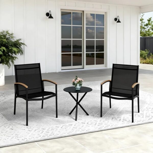 3-Piece Patio Bistro Set with Wood-Look Armrests, Sturdy Steel Outdoor Furniture with 2 Stationary Chairs & Metal Side Table for Small Balcony, Apartment Porch, and Backyard, Black 1