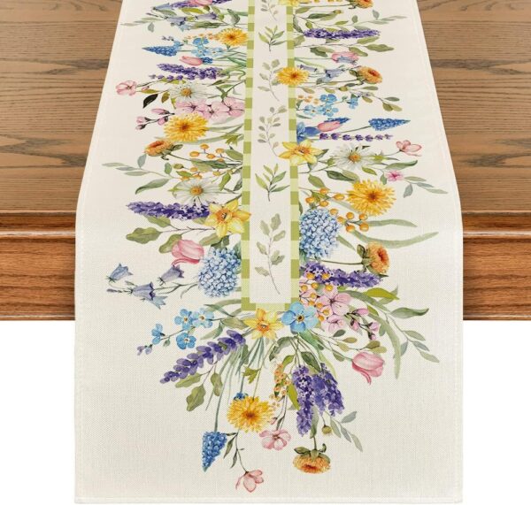 Bloom Flowers Florals Lavender Summer Table Runner, Seasonal Spring Holiday Kitchen Dining Table Decoration for Home Party Indoor 13x72 Inch 1