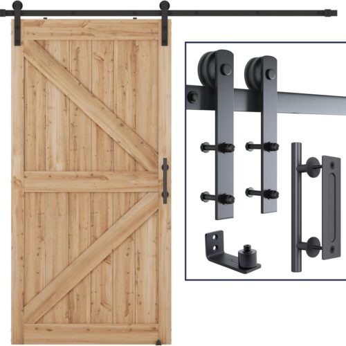 1 8.2 FT Heavy Duty Sturdy Sliding Barn Door Hardware Kit, Black, (Whole Set Includes 1x Pull Handle Set & 1x Floor Guide) Fit 42"-48" Wide Door Panel (I Shape Hanger)