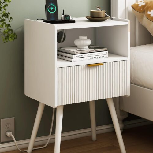 1 White Nightstand with Outlet,Modern Bedside Table with Storage Drawer and Open Wood Shelf, for Living Room, Bedroom and Small Spaces, Accent Night Stand with Solid Wood Legs, Easy Assembly