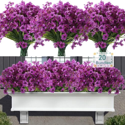 1 20 Bundles Artificial Flowers for Outdoors, UV Resistant Fake Realistic Flowers with Plastic Plants Spring Decor, Faux Silk Flowers for Outside Window Box Front Porch Planter Decor-Purple