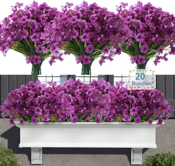 20 Bundles Artificial Flowers for Outdoors, UV Resistant Fake Realistic Flowers with Plastic Plants Spring Decor, Faux Silk Flowers for Outside Window Box Front Porch Planter Decor-Purple 1