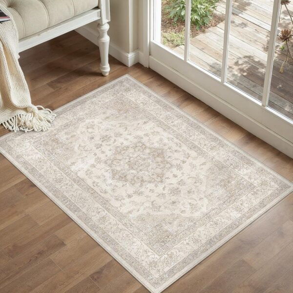 Beige Area Rug 2x3 Washable Vintage Small Carpet for Entryway Kitchen Soft Retro Low Pile Thin Door Mat Non Slip Oriental Medallion Throw Rug for Bathroom Office Bedroom Dining Room 1