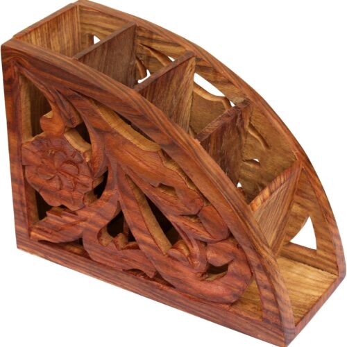 1 Wooden Floral Carved Remote Control Rack Stand Holder Storage Organizer Home Office Decor