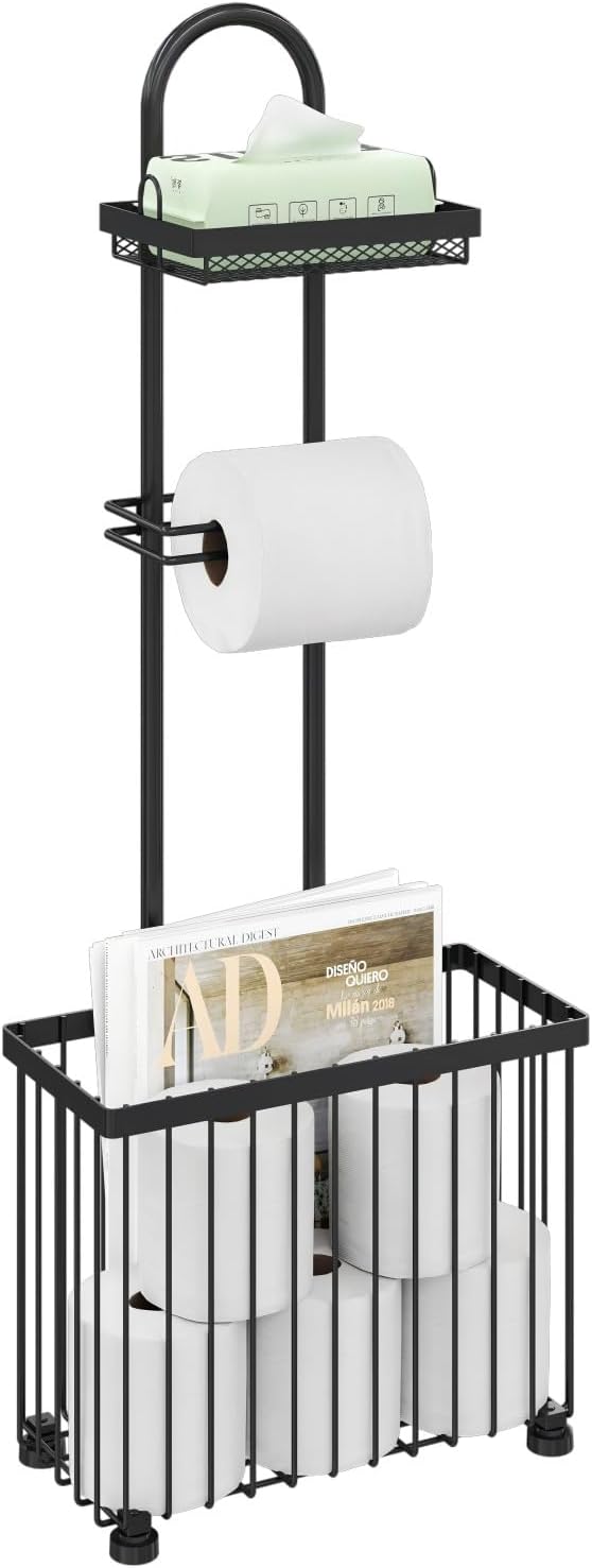 X-cosrack Freestanding Toilet Paper Holder Toilet Tissue Rack Scroll Stand Roll Dispenser with Storage Shelf Reserve for Phone Tablet Magazine Bathroom Organizer Bath Tissue Organizer (Black) 1