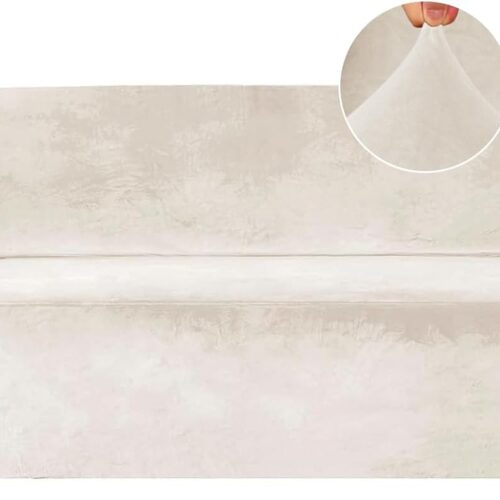 1 Velvet Couch Covers Sofa Covers for 3 Cushion Couch Stretch Sofa Slipcovers with Non Slip Elastic Bottom Furniture Protector for Pets Crafted from Soft Thick Velvet Fabric (Sofa, Ivory)