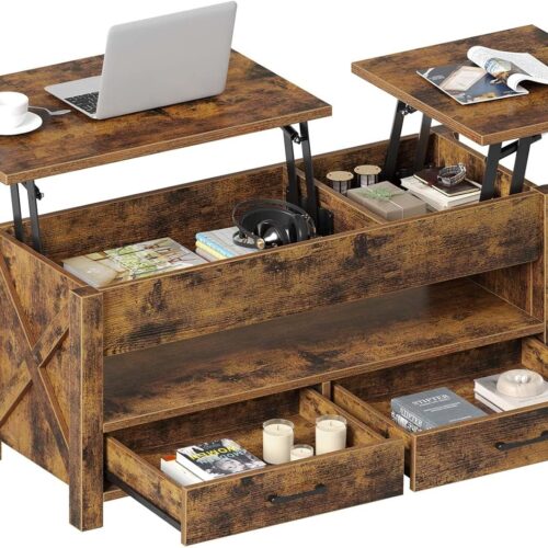 1 Coffee Table, 47.2" Lift Top Coffee Table with 2 Storage Drawers and Hidden Compartment, Farmhouse Center Table with Wooden Lift Tabletop, for Living Room,Rustic Brown