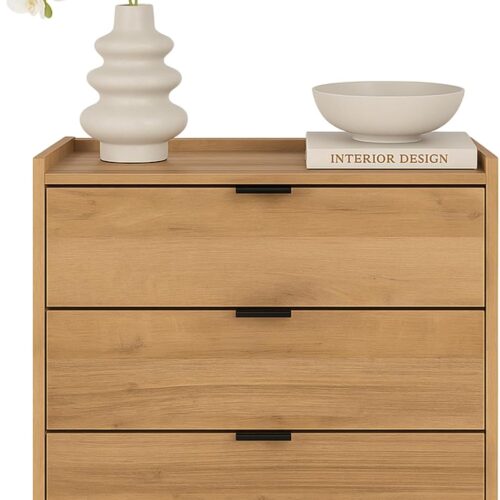 1 Simply Modern Nightstand Bedside Table, Natural Oak Nightstand for Bedroom, End Table with 3 Drawers 26.5" W x 26.75" H x 16" D