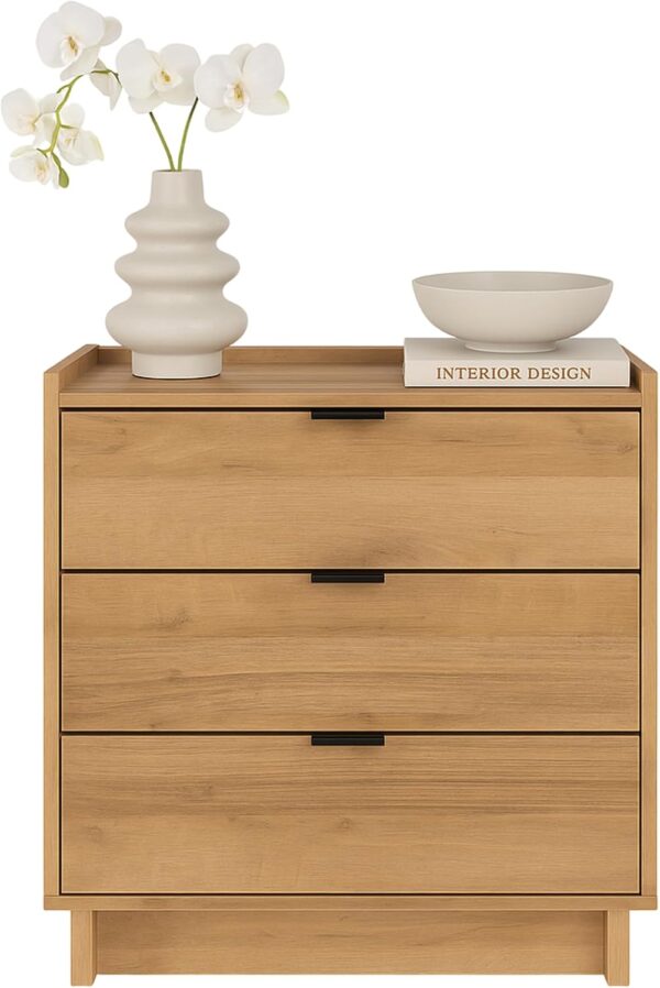 Simply Modern Nightstand Bedside Table, Natural Oak Nightstand for Bedroom, End Table with 3 Drawers 26.5" W x 26.75" H x 16" D 1