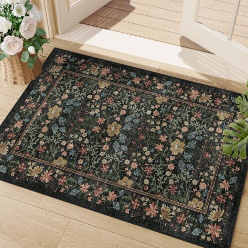 1 2x3 Entryway Rug, Floral Washable Area Rug with Non Slip Indoor Door Mat, Vintage Low Pile Small Front Door Throw Carpet for Kitchen, Entrance, Bathroom, Bedroom, Black