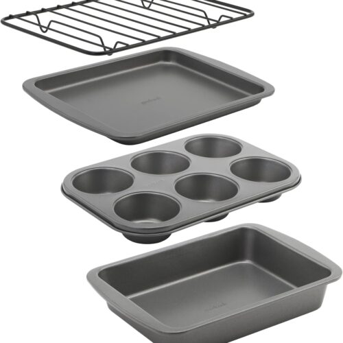 1 4-Piece Nonstick Steel Toaster Oven Set with Sheet Pan, Rack, Cake Pan, and Muffin Pan, Gray, 4-Piece Set Distributes Heat Evenly, Nonstick Coating, Dishwasher-Safe