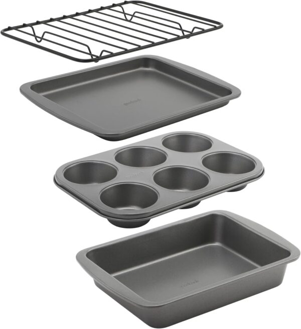 4-Piece Nonstick Steel Toaster Oven Set with Sheet Pan, Rack, Cake Pan, and Muffin Pan, Gray, 4-Piece Set Distributes Heat Evenly, Nonstick Coating, Dishwasher-Safe 1