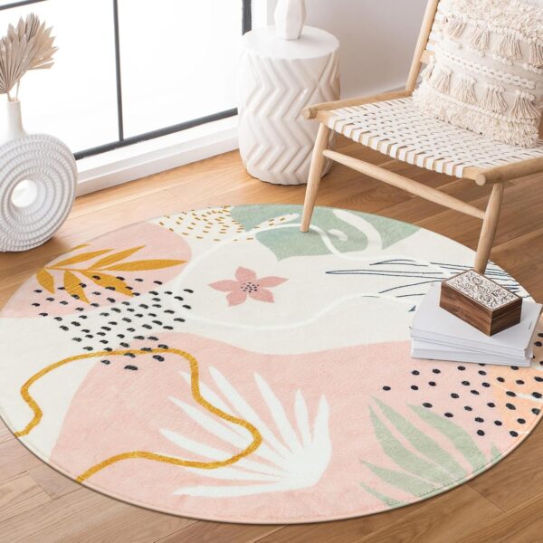 Boho Pink 3Ft Round Area Rugs - Soft Cute Small Circle Rug for Kids Nursery Room, Washable Non-Slip Botanical Print Circular Carpet for Sofa Playroom (Pink,3'x3') 1