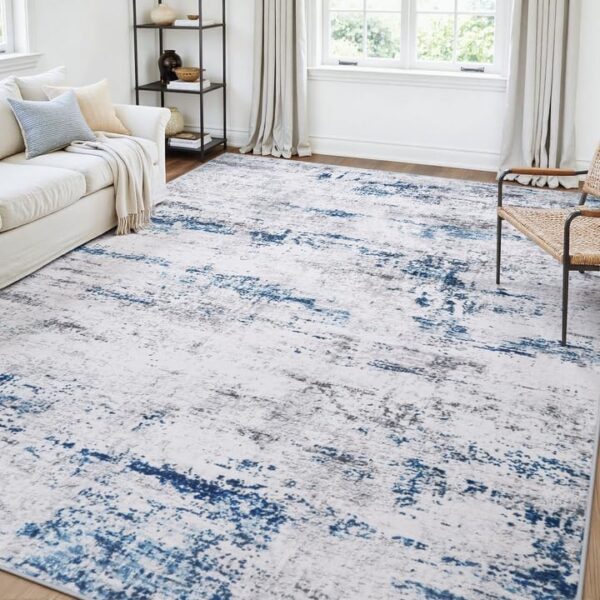 Area Rug Living Room Rugs: 5x7 Large Soft Indoor Carpet Modern Abstract Rug with Non Slip Rubber Backing for Under Dining Table Nursery Home Office Bedroom White Gray Blue 1