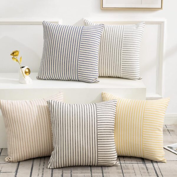 Farmhouse Pillow Covers 18x18, Modern Accent Square Throw Pillow Covers Set of 2, Gray and Beige Striped Patchwork Linen Decorative Pillows Cushion Covers for Couch Chair Bedroom Home Decor 1