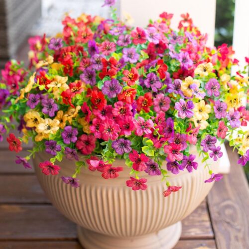 Artificial Flowers for Outdoor Indoor Garden Home Decoration, Faux Flower Daisy with Eucalyptus Leaves Fake Plants Greenery Boxwood Porch Patio, 12 Bundles (Mix Pink Red Purple Yellow)