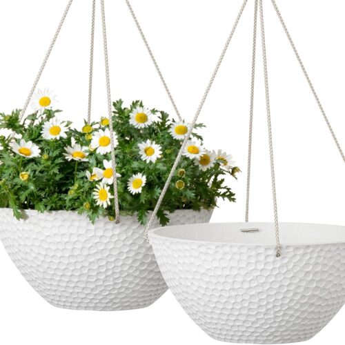 Hanging Planters for Outdoor Plants, Large Hanging Planter with Drain Holes, Outdoor Hanging Flower Pots, White Stone, Honeycomb (13.2 Inch, Set of 2)