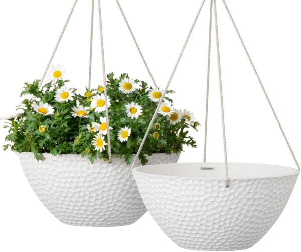 Hanging Planters for Outdoor Plants, Large Hanging Planter with Drain Holes, Outdoor Hanging Flower Pots, White Stone, Honeycomb (13.2 Inch, Set of 2) 1