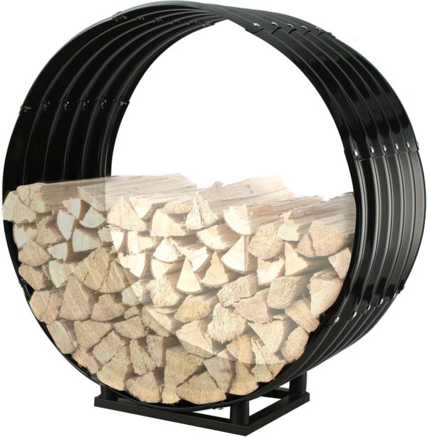 Round Heavy Duty Firewood Rack – Galvanized Wave-Shaped Steel with 4 Sturdy Legs – 0.8mm Thick Black Coated – Indoor or Outdoor Wood Holder for Fireplace,Patio & Deck Fire Pit (2.7FT Diameter+Base) 1