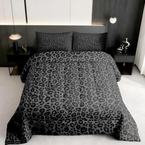 1 Leopard Print Comforter Set Queen Size Cheetah Print Super Soft Bedding Set for Women Bedroom Decor,African Wildlife Animal Skin Comforter-3 Pieces,Retro Noble Duvet Insert,Black Grey