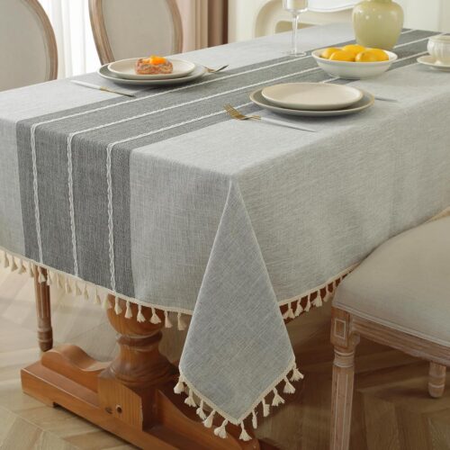 1 Waterproof Rectangle Tablecloth Rustic Spring Table Cloth Cotton Linen Wrinkle Free Tablecloths for Kitchen Dining, Party, Holiday, Outdoor (Grey Lines, 4-6 Seats, 55x75 Inches)