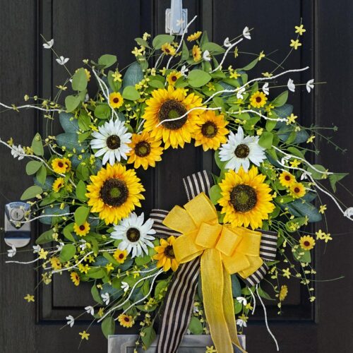 1 Sunflower Wreaths for Front Door, Soomeir Artificial Spring Summer Wreath with Burlap Bow, Door Wreath for Outside All Season Indoor Outdoor Home Wall Wedding Farmhouse Holiday
